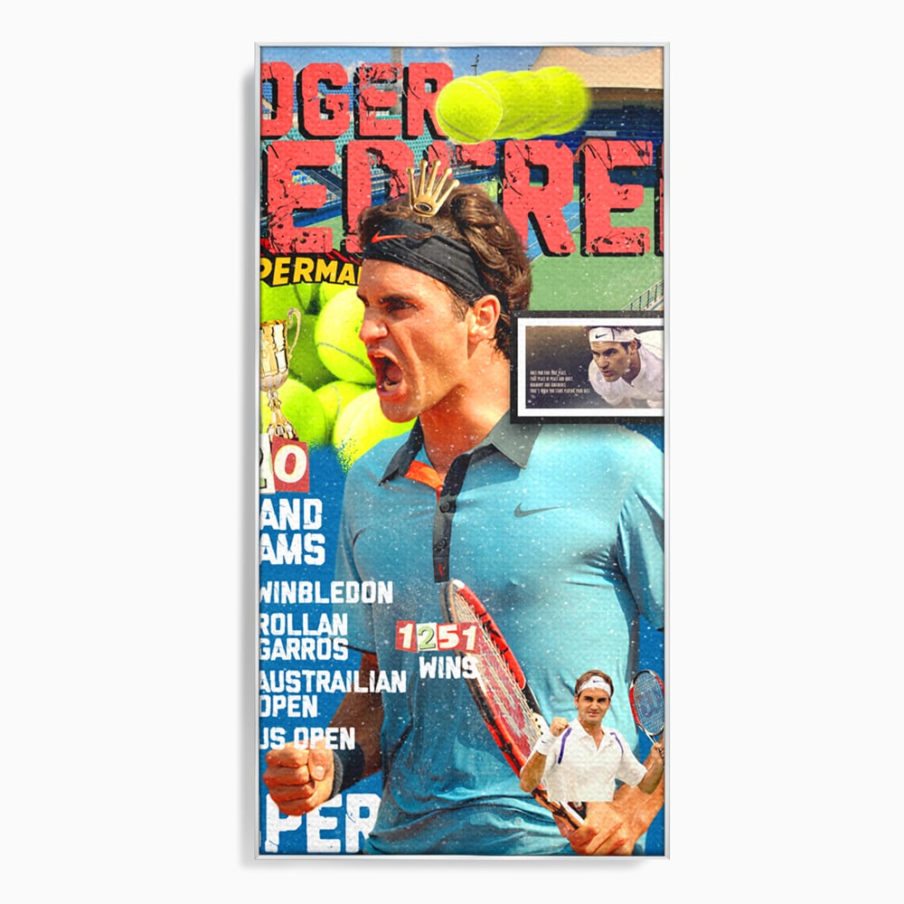 Tablou canvas cu tablou canvas cu roger federer si racheta de tenis, in rama de aluminiu argintiu